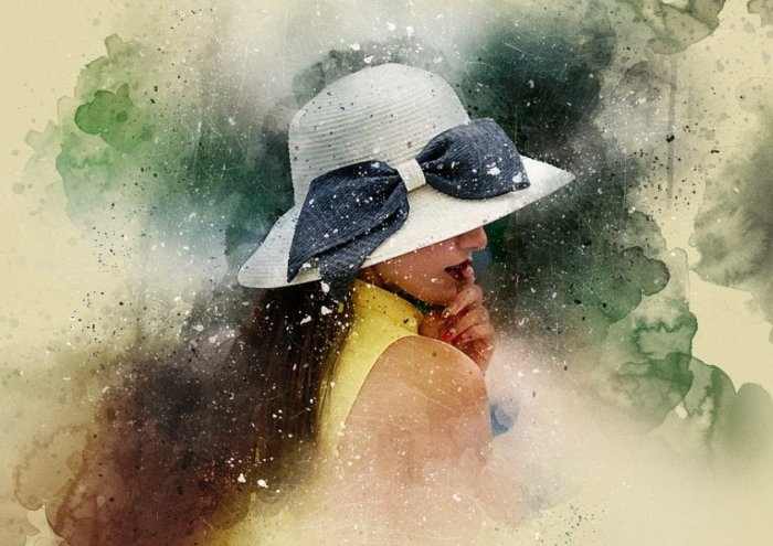 Girl Hat Art Nature Abstract Watercolor Vintage